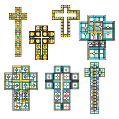 Collection of 7 stained glass color crosses. Vector illustration for Lent or Easter, or any religious and Church use.