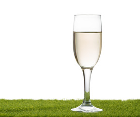 Glass of wine on the grass with isolated background