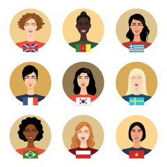 Set of vector icons - people of different nationalities. Girls