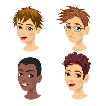 set of teenager avatar expressions with different hairstyles