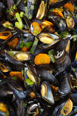 Fresh homemade cooked mussels with carrots and leek