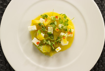 Cappachio of golden beetroot, goats cheese, micro watercress & smoked paprika oil 
