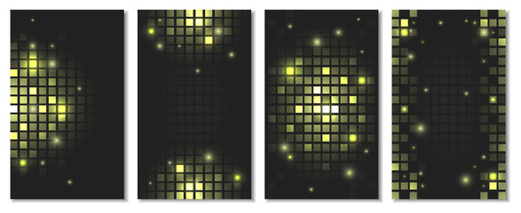 Set of abstract golden vector square mosaic wallpaper with shiny geometric tiles.