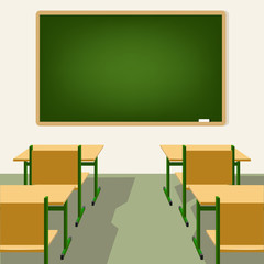 empty school classroom with blackboard and desks