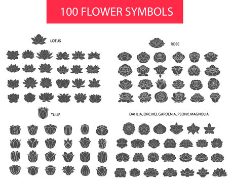 100 flower thin line flat modern icons. Hand drawn silhouette ve