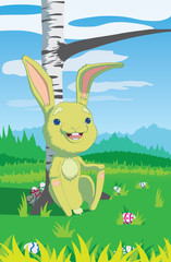 Easter card in a flat style. Funny Easter Bunny is sitting under the birch. Spring forest landscape. Easter eggs on the grass.