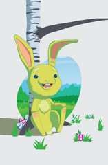 Obraz premium Easter card in a flat style. Funny Easter Bunny is sitting under the birch. Spring forest landscape. Easter eggs on the grass.