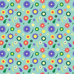 Fototapeta na wymiar Colorful flower vector pattern in retro style spring meadow with chamomiles and blue background