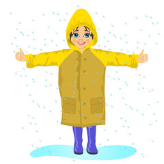 little girl in yellow raincoat in the rain