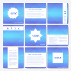 Blue set of square template brochure. Business, science, medicine and technology design. Cover layout. Background with light blue triangles 