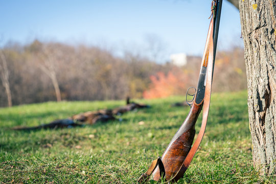 Detail view of hunting rifle in front of dead pheasants.