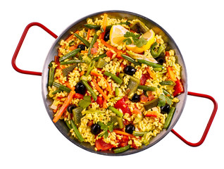 Top down view of veggies and rice in pan