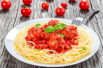 italian spahgetti with meatballs and tomato sauce, close-up