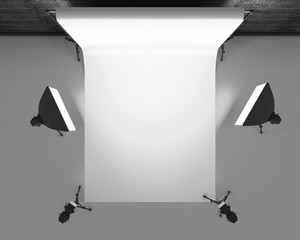 Empty photo studio with lighting equipment. 3d rendering
