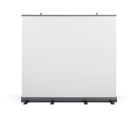Wide portable advertising banner. Roll up isolated on white back