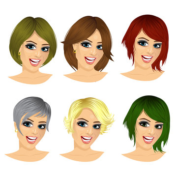 isolated set of young woman avatar with different hairstyles