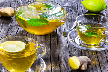 tea with ginger, lemon, mint leaves , close-up