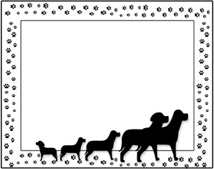 Background of a family of dogs in silhouettes with paw prints for background.  All in Black and white.  Graphic, Illustration © MightyBlue