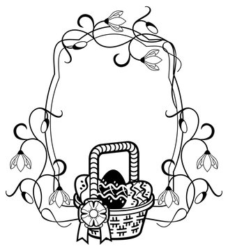 Horizontal silhouette frame with outline image of Easter basket