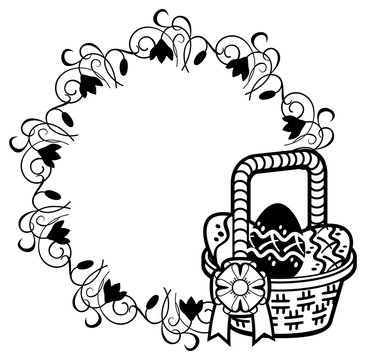 Round silhouette frame with outline image of Easter basket