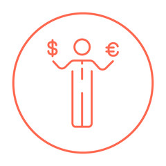 Businessman holding Euro and US dollar line icon.