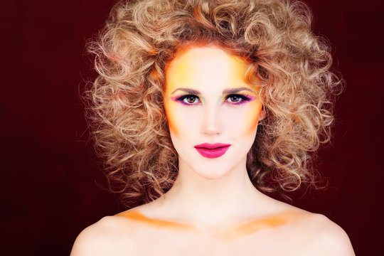 Perfect Woman with Blonde Curly Hairstyle and Fantasy Fair Makeup