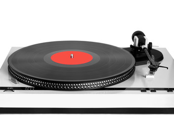Turntable in gray case with black vinyl record with red label on disc with stroboscope marks...