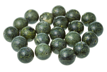 many beads from green serpentine gemstone