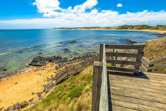 Lookout from the wooden walkway in Flynns Beach, Phillip Island, Victoria, Australia