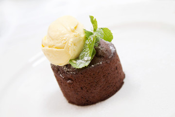 Chocolate cake with ice cream and mint on a white plate
