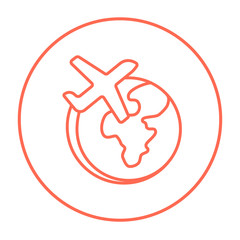 Airplane flying around the world line icon.