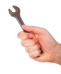 Hand holding wrench isolated on white background