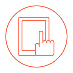 Finger pointing at tablet line icon.