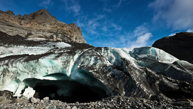 4K TimeLapse. Eyjafjallajokull glacier (Eyjafjallaj&ouml;kull) - the sixth largest glacier in Iceland. Located in the south of Iceland, 125 km (77 miles) east of Reykjavik. Iceland, 15 June 2015
