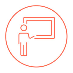 Professor pointing at blackboard line icon.