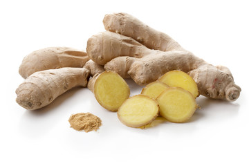 Ginger root and slices on white background
