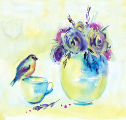 Fototapeta premium Watercolor painting. Flowers in vase and bird on cup.