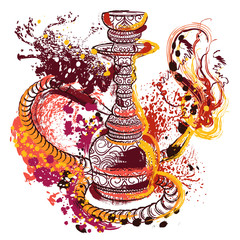Hookah with oriental ornament and smoke. Hand drawn abstract grunge style art. Colorful retro banner, card, t-shirt, print, poster. Vintage vector illustration