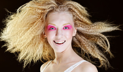 happy blond with pink make up