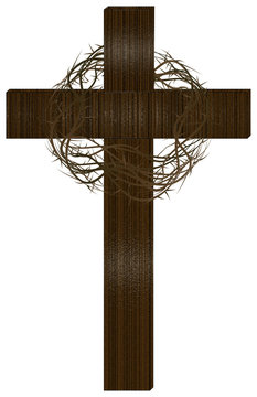 Wooden cross with a crown of thorns. Lent season, Passion of Christ, Holy Week or Easter illustration.