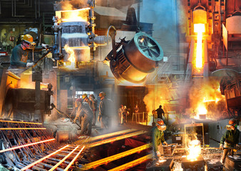 Stahlindustrie - Arbeiter bei der Produktion in einem Stahlwerk oder Giesserei - Konzept und Collage // steel industry and foundry