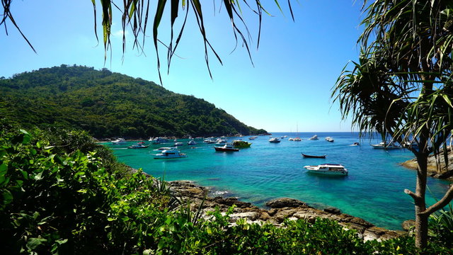 Tropical lagoon with boats Racha thailand