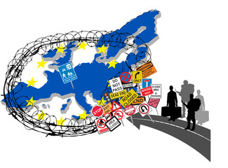 Europe (European Union) closing its borders due to migrant crisis. Vector illustration with barbed wire around Europe and stop road signs at the border.