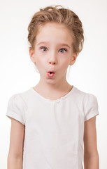 Portrait of surprised excited girl covering her mouth by the hand. Isolated on white background