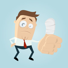 sad cartoon man with injured thumb