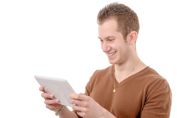 smiling young man with a digital tablet, on white