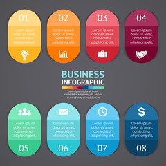 Vector infographics labels and stickers. Template for diagram, graph, presentation, chart. Business concept with 8 options, parts, steps or processes. Abstract background.