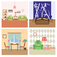 Flat house Interiors colorfull lineart illustration