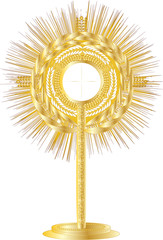Golden monstrance for Eucharistic adoration of the Blessed Sacrament. Vector illustration. - obrazy, fototapety, plakaty