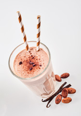 Top down view on cocoa flavored smoothie for two